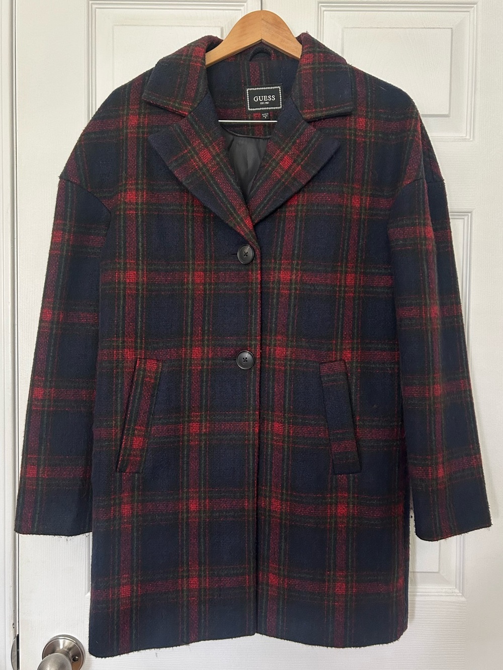 GUESS Navy & Red Plaid Tailored Pea Coat